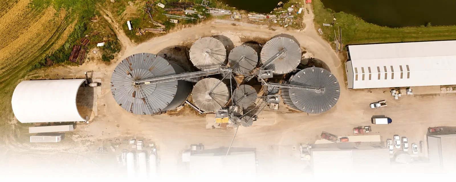 Aerial view of the grain storage and barns at Bourbon Beef