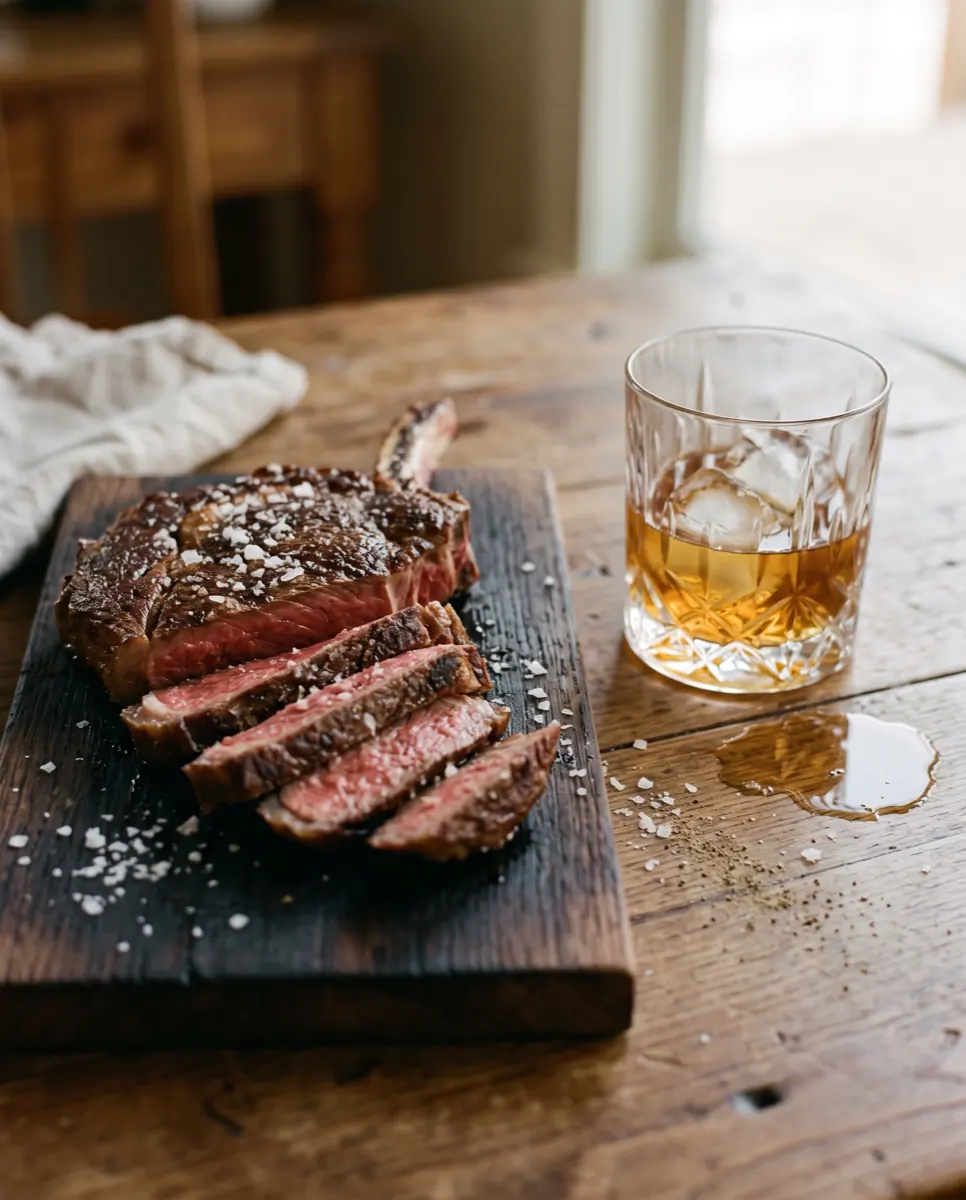 Sliced seared ribeye on a charred oak board beside a glass of bourbon
