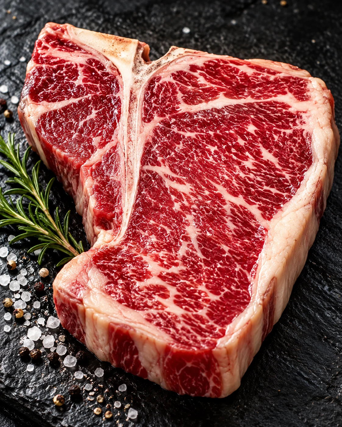 A raw, heavily marbled bourbon mash finished T-bone steak on dark slate with rosemary, sea salt and peppercorns