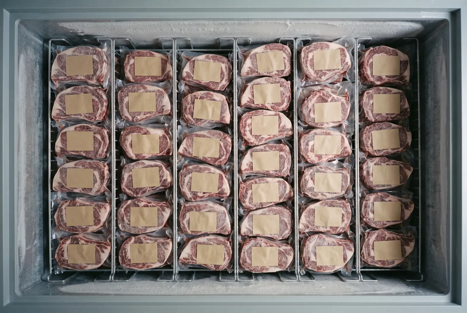 Vacuum-sealed Bourbon Beef cuts stacked and labeled in a chest freezer